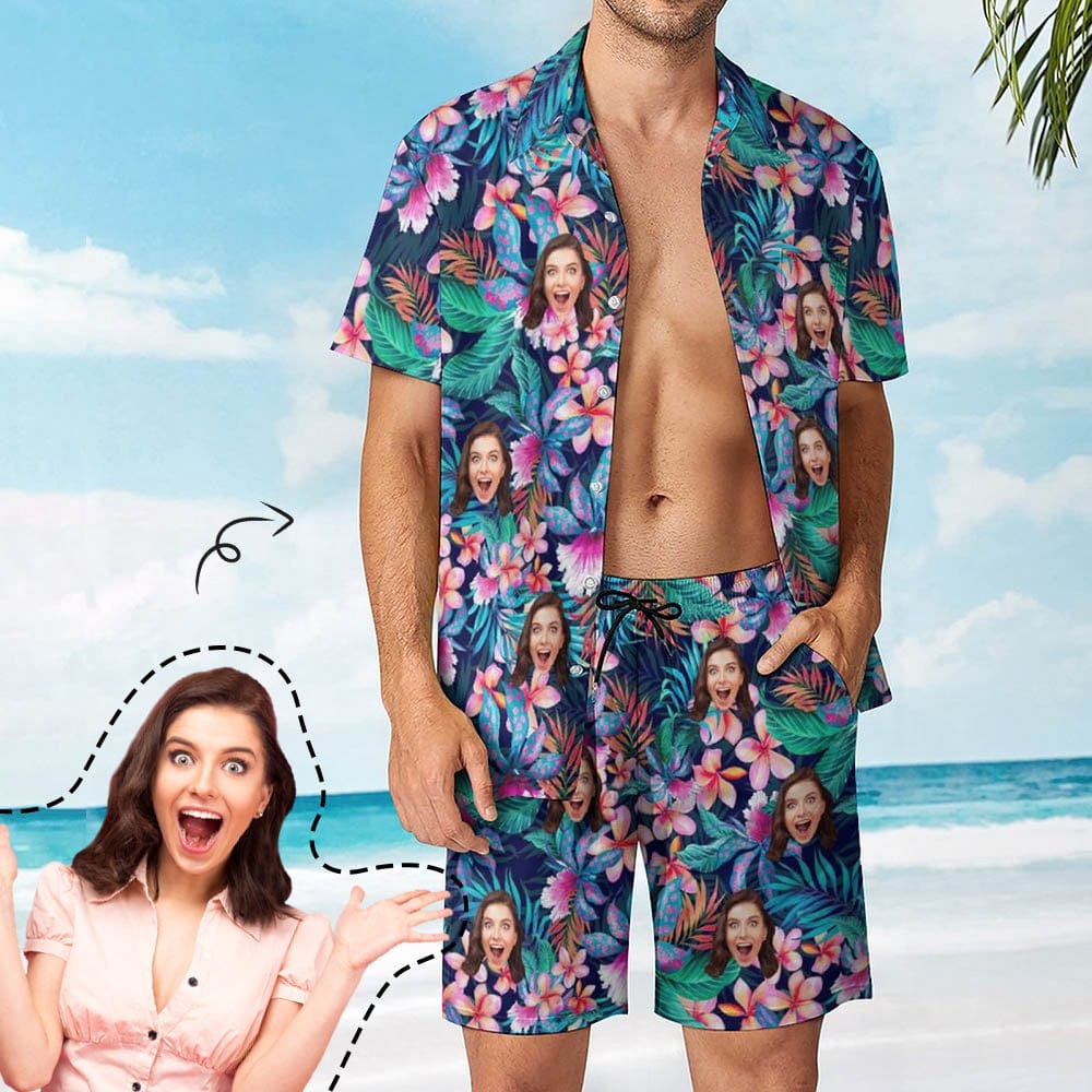Custom Custom Face Hawaiian Set Flower Tropical Beach Holiday Hawaiian Shirt & Shorts Set Print Your Own Face on Set Unique Gift - YesCustom