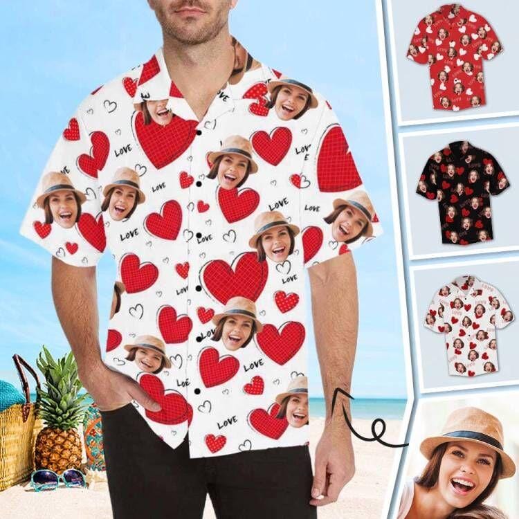 Custom Custom Face Hawaiian Shirt Cute Hearts Tropical Aloha Shirt Birthday Valentine's Day Gift for Him - YesCustom
