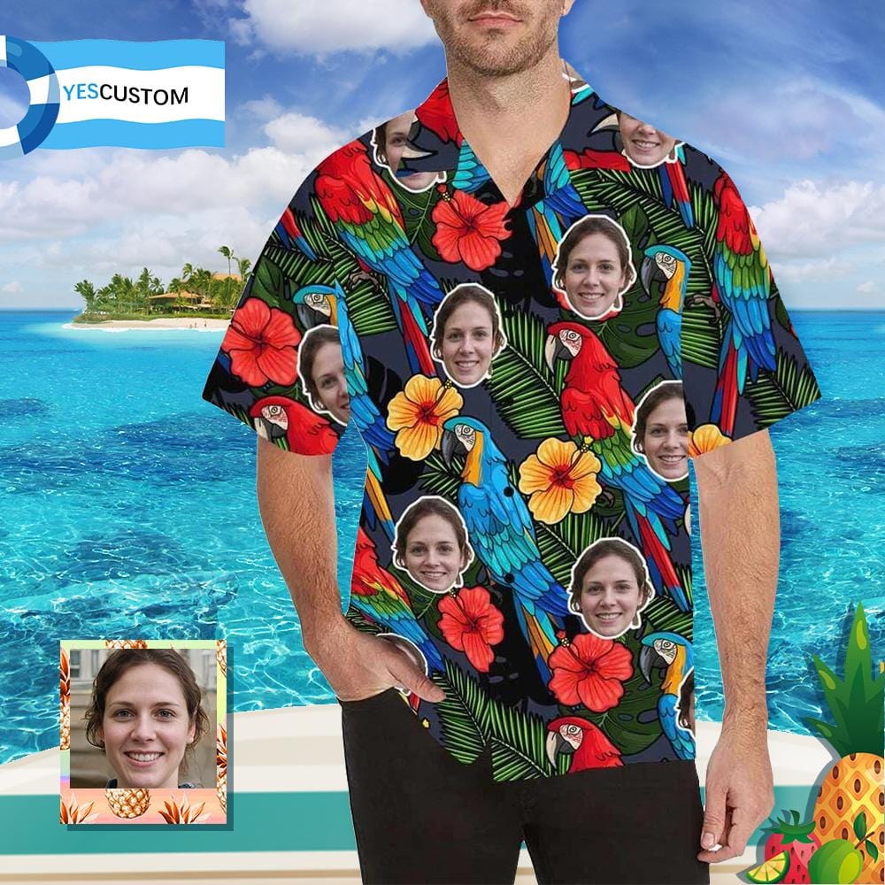 Custom Custom Face Hawaiian Shirt Parrot Colorful Tropical Aloha Shirt Birthday Vacation Party Gift - YesCustom