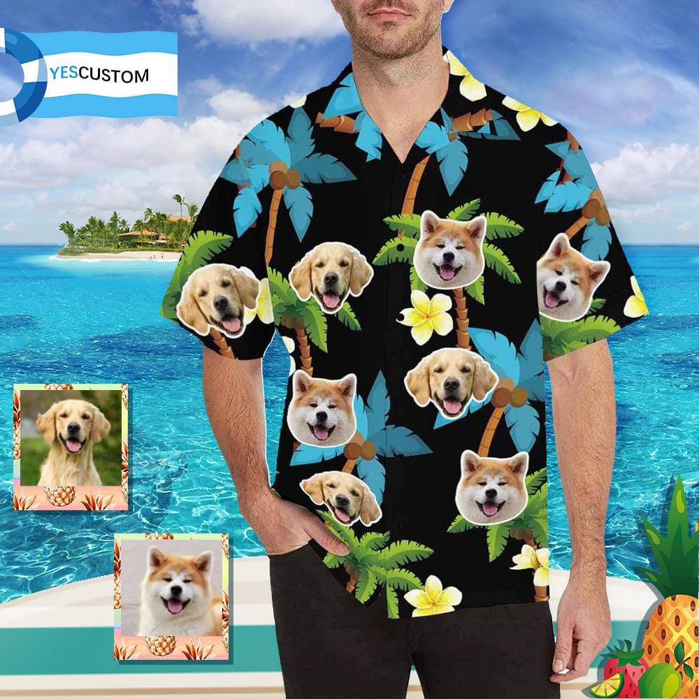 Custom Custom Face Hawaiian Shirt Pet Blue Coconut Tree Pesonalized Men's All Over Print Hawaiian Shirt for Birthday Gift - YesCustom