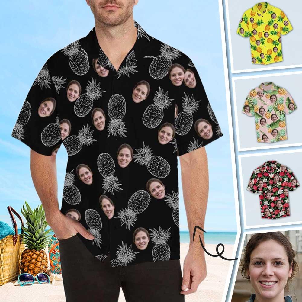 Custom Custom Face Hawaiian Shirt Pineapple Black Tropical Aloha Shirt Birthday Vacation Party Gift for Boyfriend or Husband - YesCustom