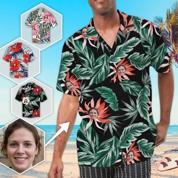 Custom Custom Face Hawaiian Shirt Red Flower Leaves Aloha Shirts for Boyfriend/Husband Birthday Vacation Party Gift - YesCustom