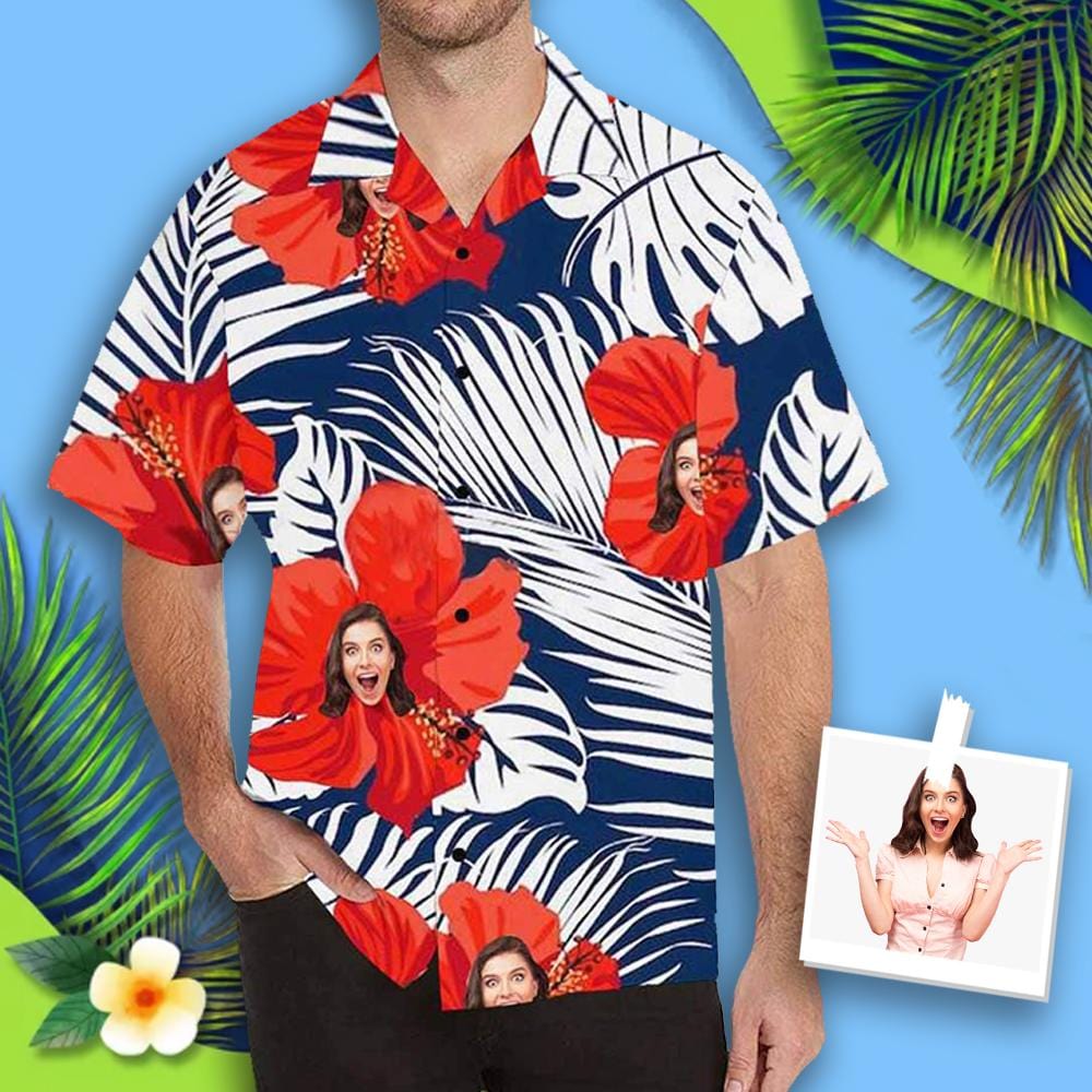 Custom Custom Face Hawaiian Shirt Red Flowers Tropical Aloha Shirt Birthday Vacation Party Gift for Him - YesCustom
