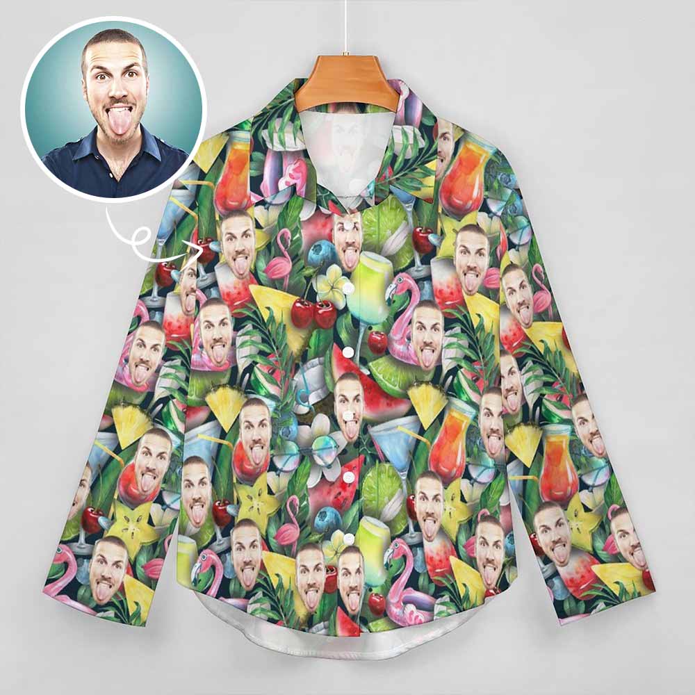 Custom Custom Face Hawaiian Shirts Flamingo Fruits Women's Cropped Hem Shirt Casual Long Sleeve Hawaiian Shirts - YesCustom