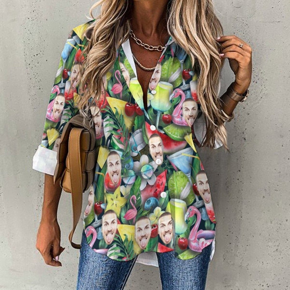 Custom Custom Face Hawaiian Shirts Flamingo Fruits Women's Cropped Hem Shirt Casual Long Sleeve Hawaiian Shirts - YesCustom