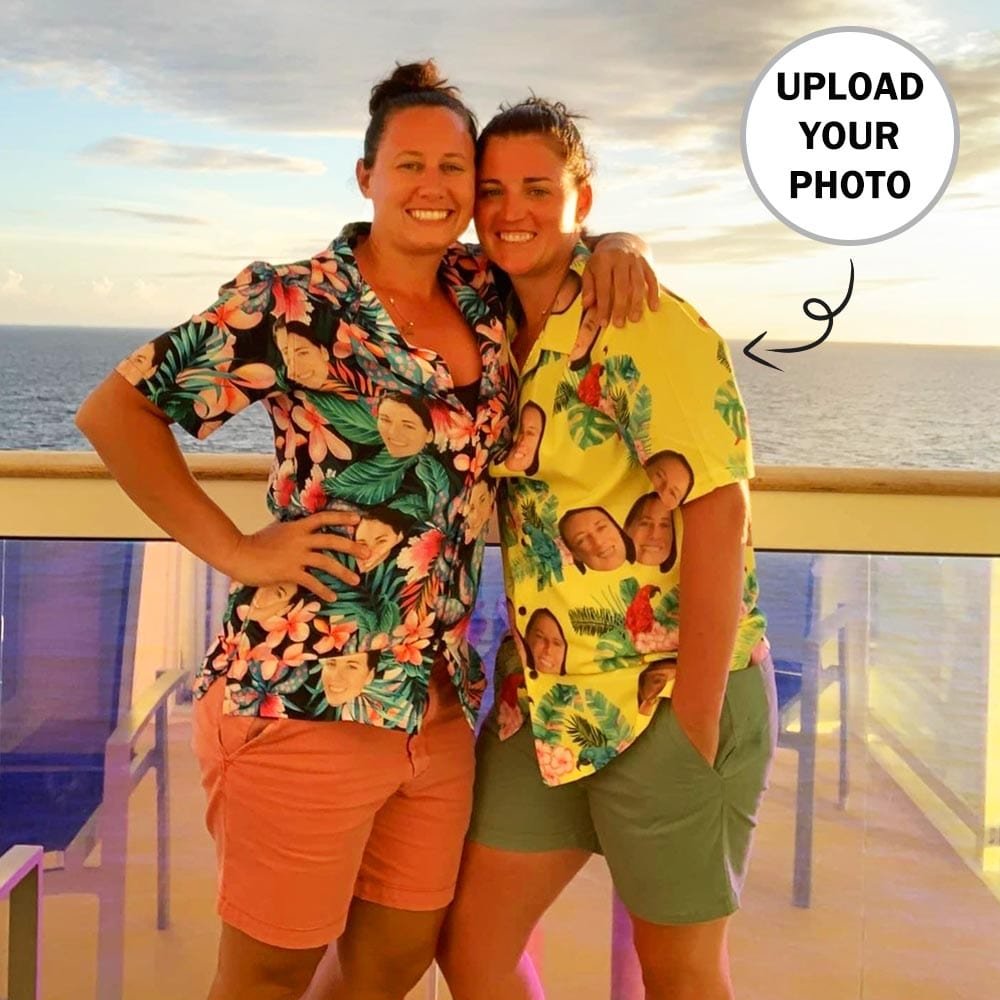 Custom Custom Face Hawaiian Shirts for Women Floral Printed Tops Tropical Button Down Shirt V Neck Short Sleeve - YesCustom