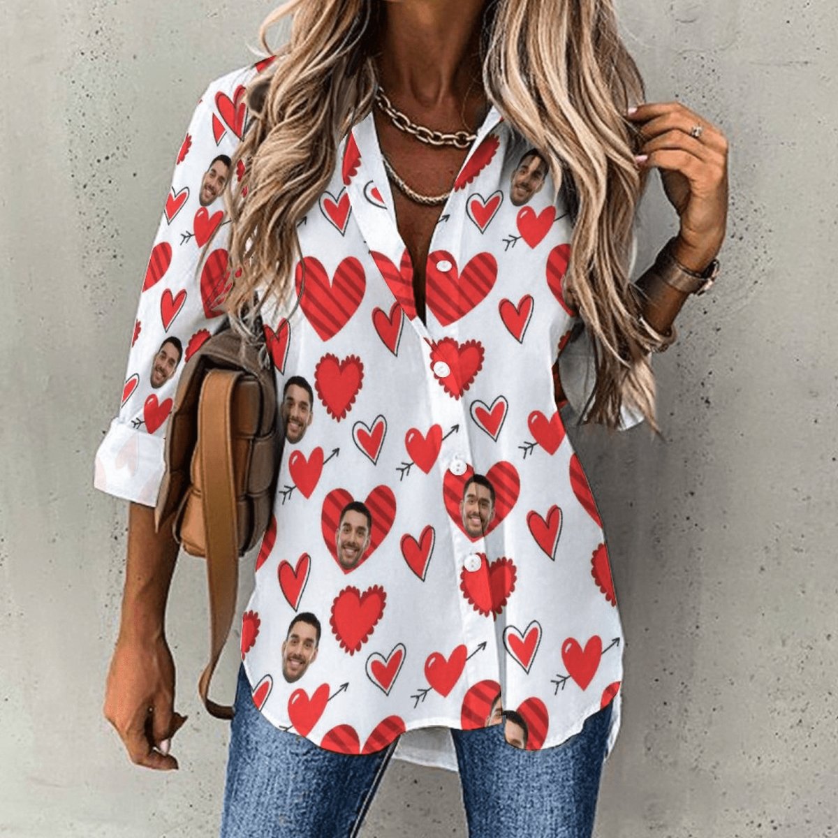 Custom Custom Face Hawaiian Shirts Love Heart White Cropped Hem Casual Long Sleeve Shirts For Women - YesCustom