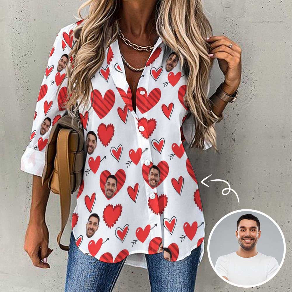 Custom Custom Face Hawaiian Shirts Love Heart White Cropped Hem Casual Long Sleeve Shirts For Women - YesCustom