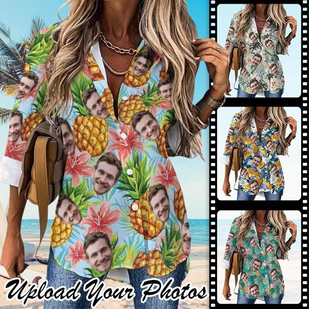 Custom Custom Face Hawaiian Shirts Pineapple Women's Cropped Hem Casual Long Sleeve Shirt - YesCustom