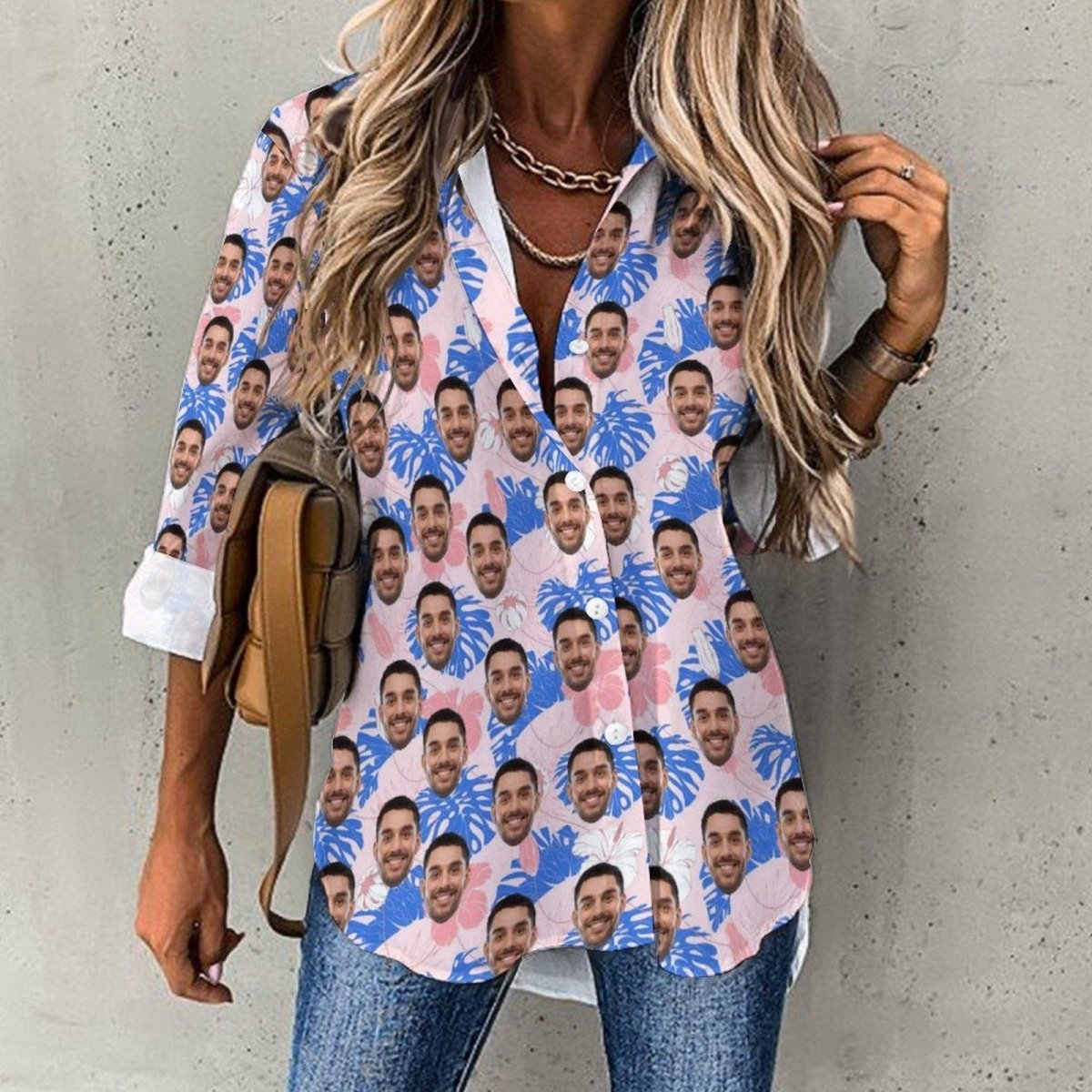 Custom Custom Face Hawaiian Shirts Pink Blue Flower Women's Cropped Hem Casual Long Sleeve Shirt - YesCustom
