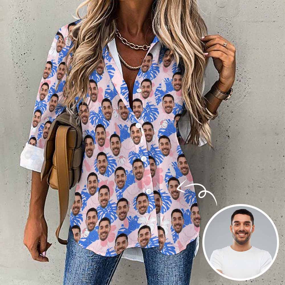 Custom Custom Face Hawaiian Shirts Pink Blue Flower Women's Cropped Hem Casual Long Sleeve Shirt - YesCustom