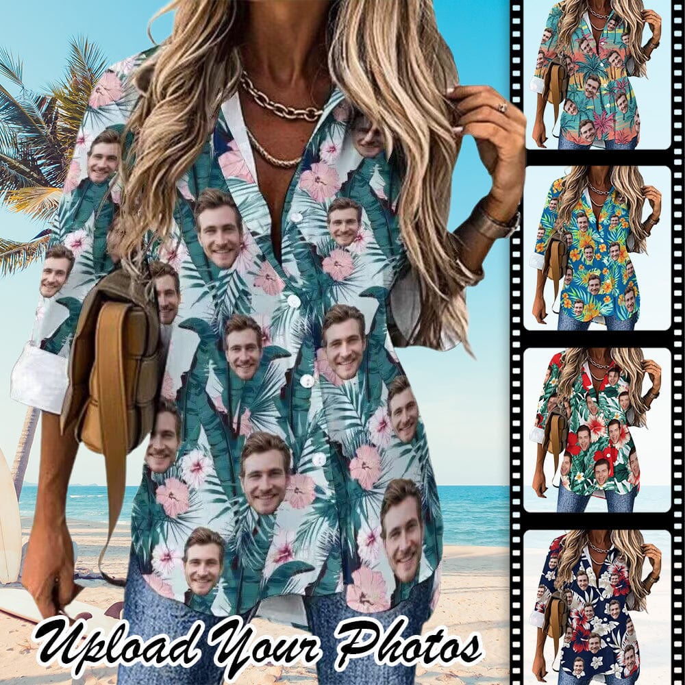 Custom Custom Face Hawaiian Shirts Tropical Bouquet Women's Cropped Hem Casual Long Sleeve Shirt - YesCustom