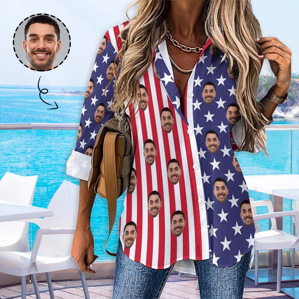 Custom Custom Face Hawaiian Shirts US Flag Vertical Stripes Women's Casual Long Sleeve Cropped Hem Shirt - YesCustom