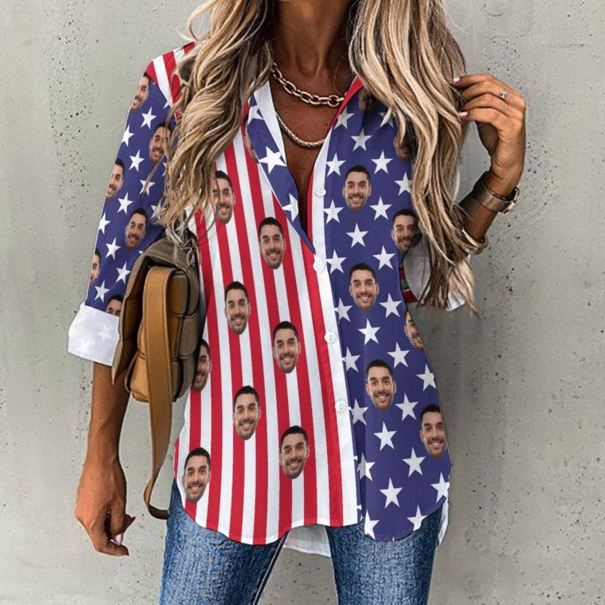 Custom Custom Face Hawaiian Shirts US Flag Vertical Stripes Women's Casual Long Sleeve Cropped Hem Shirt - YesCustom