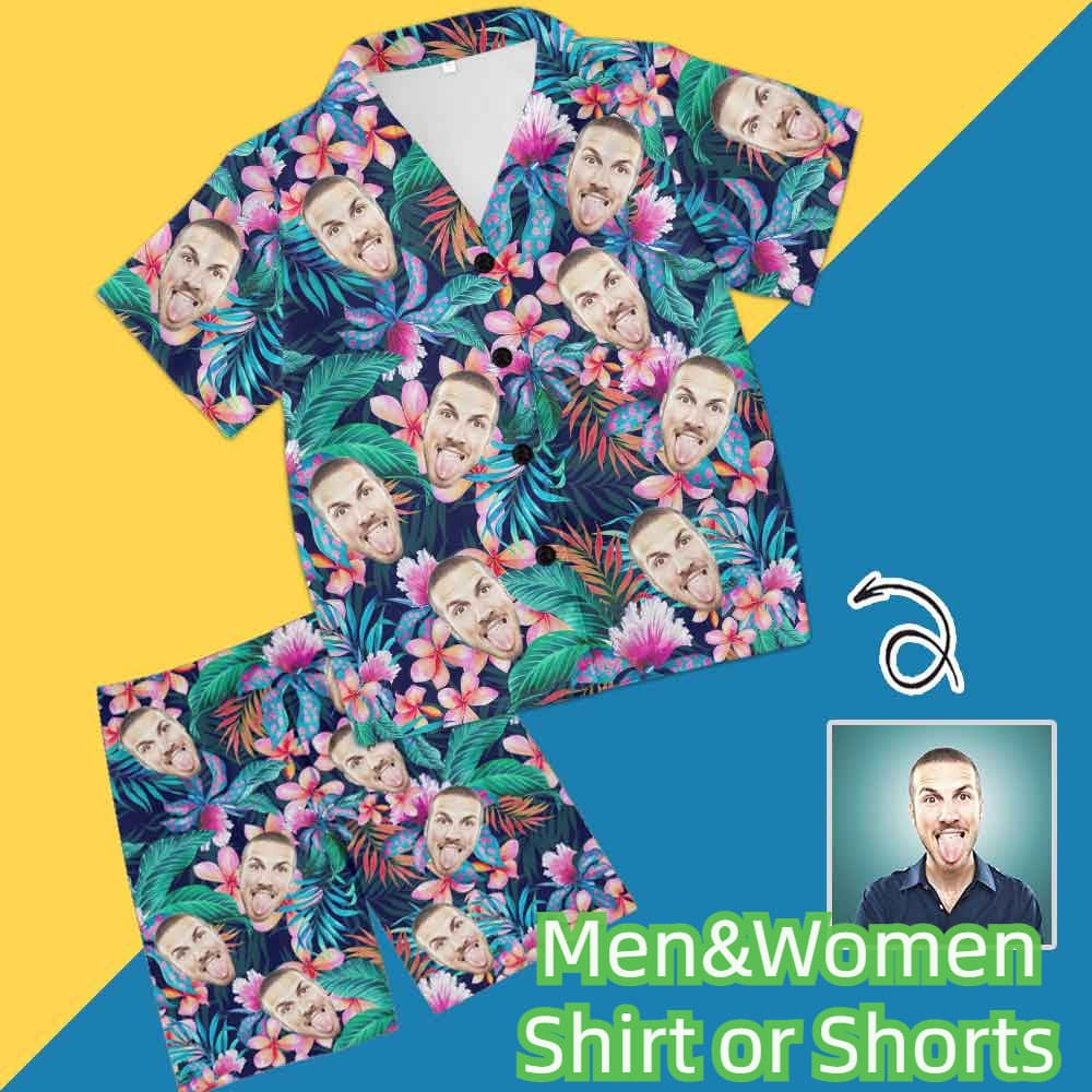 Custom Custom Face Hawaiian Style Men's and Women's Tie Dye Printed Pajamas Set Short Sleeve Tops With Shorts Lounge Set Casual Two-Piece Sleepwear - YesCustom
