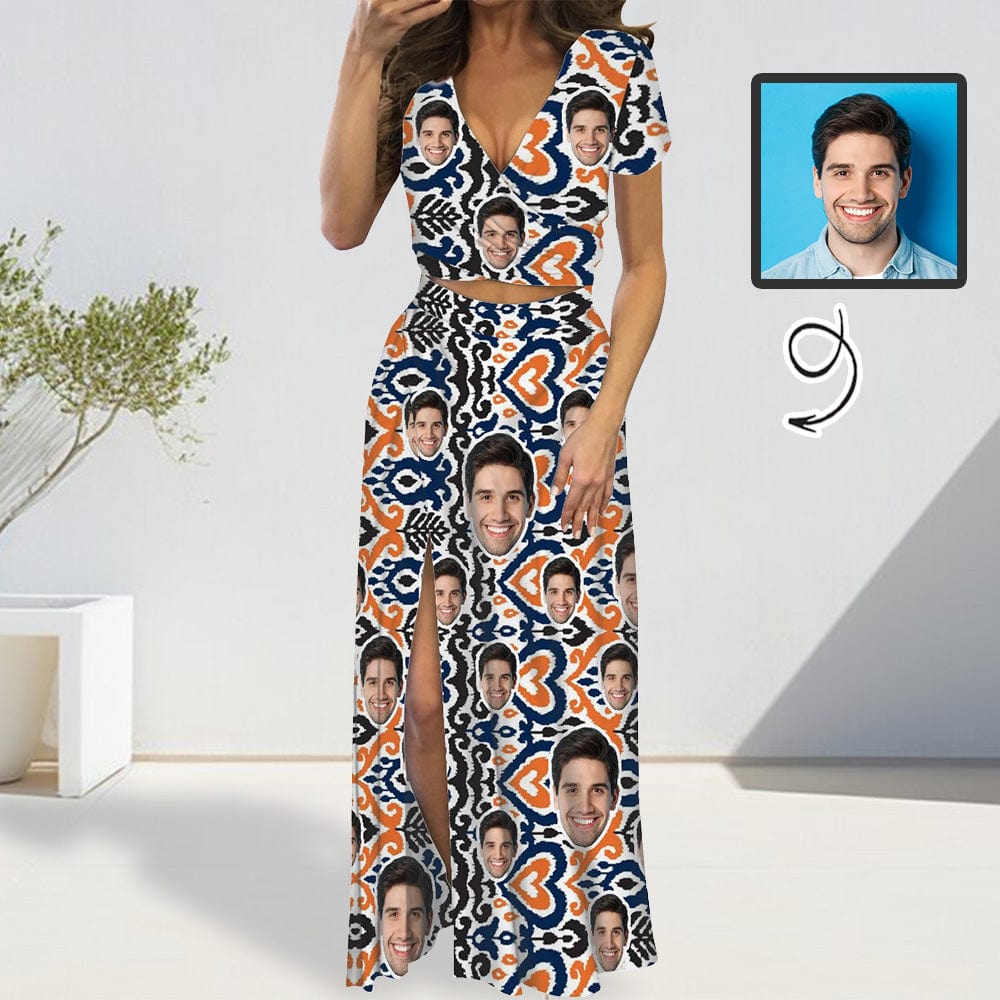 Custom Custom Face Heart Beach Outfits Dress Personalized Women's V-neck Split Maxi Dresses Skirt Set - YesCustom
