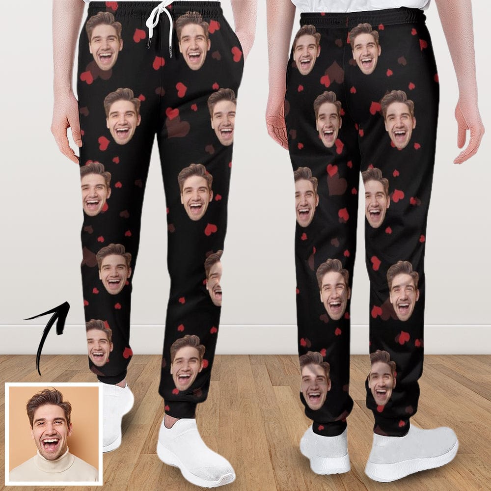 Custom Custom Face Heart Black Sweatpants Unisex Personalized Closed Bottom Casual Joggers - YesCustom