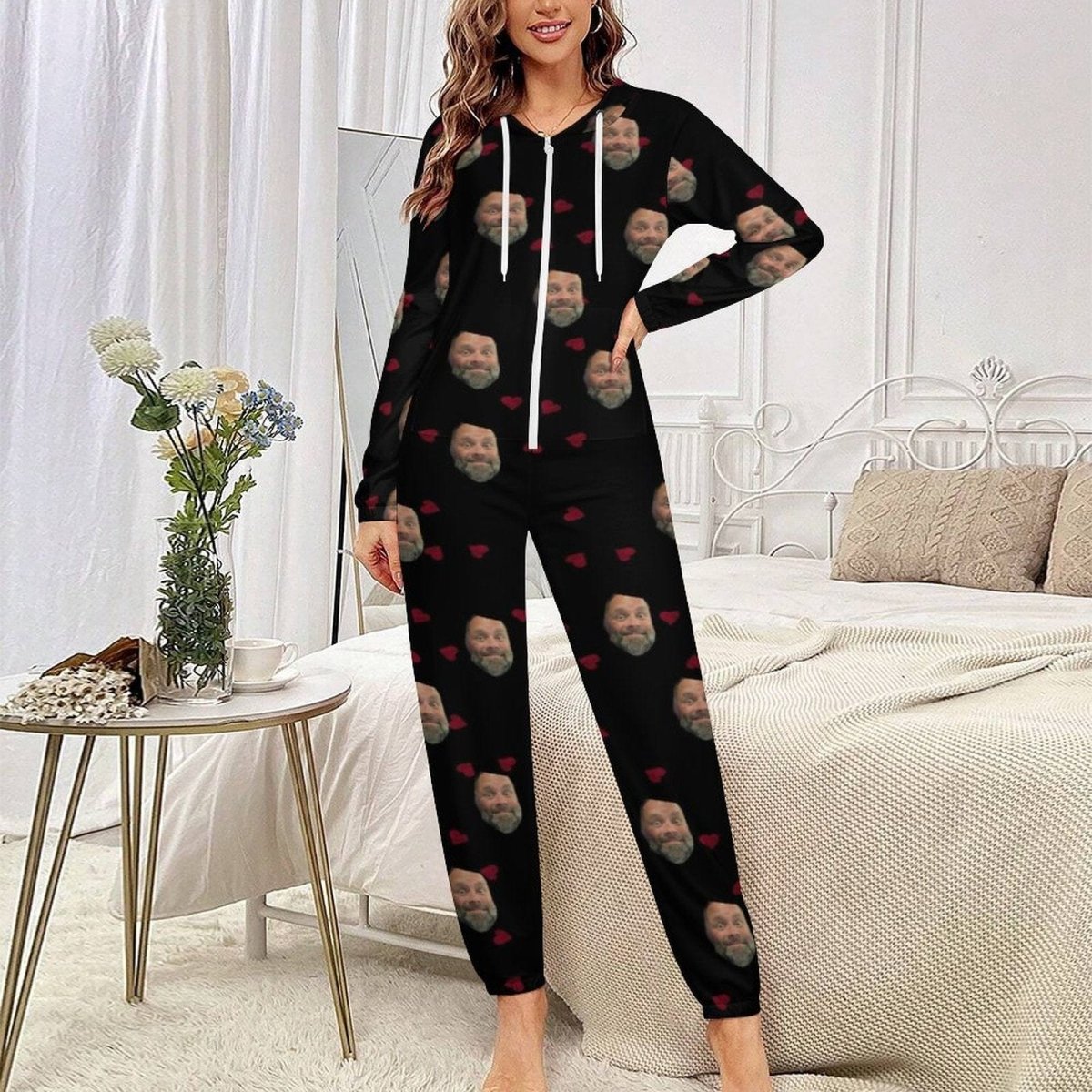 Custom Custom Face Heart Black Unisex Adult Hooded Onesie Jumpsuits with Pocket Personalized Zip One-piece Pajamas for Men and Women - YesCustom