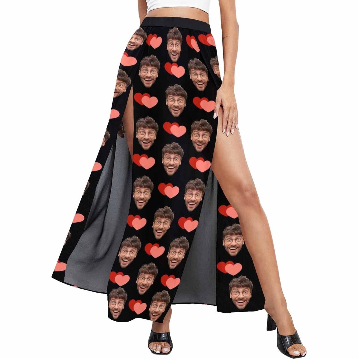 Custom Custom Face Heart Black Women's Sexy Strap Deep V Neck 2 Piece Outfits Dress Crop Top High Split Maxi Dresses Skirt Set - YesCustom