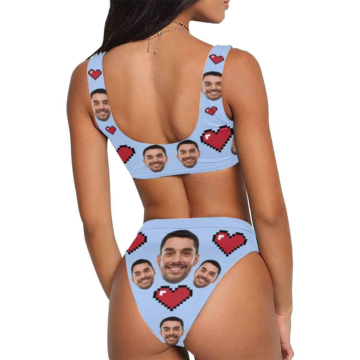 Custom Custom Face Heart Blue Scoop Neck Sport Top High Waisted Bikini Personalized Women's Two Piece Swimsuit Beach Outfits - YesCustom