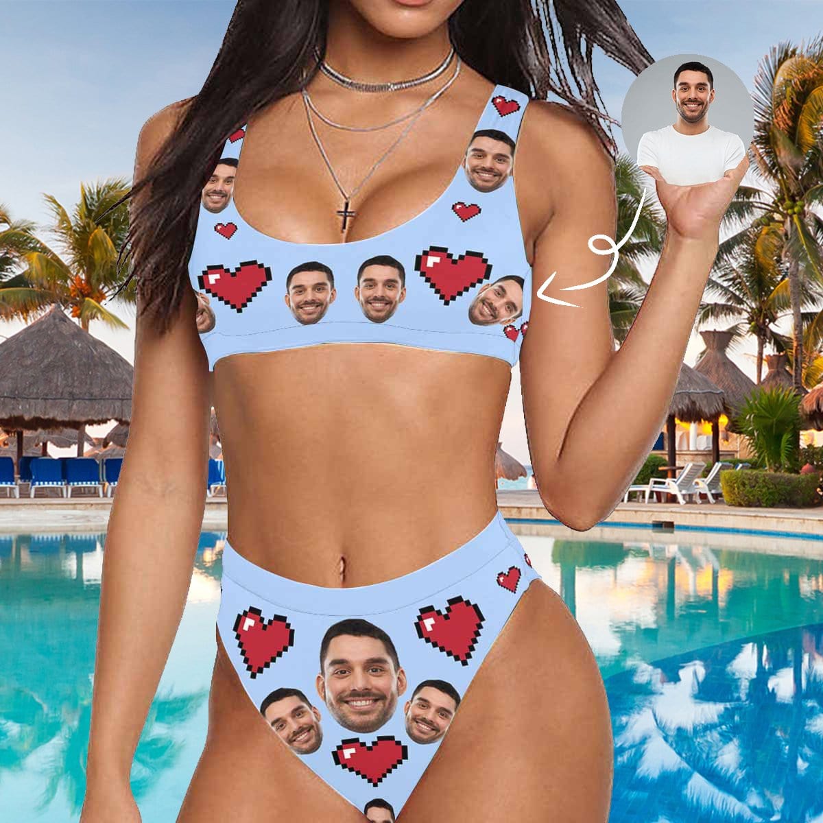 Custom Custom Face Heart Blue Scoop Neck Sport Top High Waisted Bikini Personalized Women's Two Piece Swimsuit Beach Outfits - YesCustom