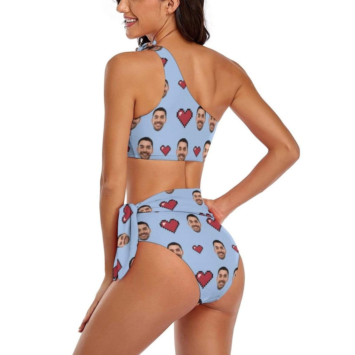 Custom Custom Face Heart One Shoulder Tie Side High Waited Bikini Personalized Women's Two Piece Swimsuit Beach Outfits - YesCustom