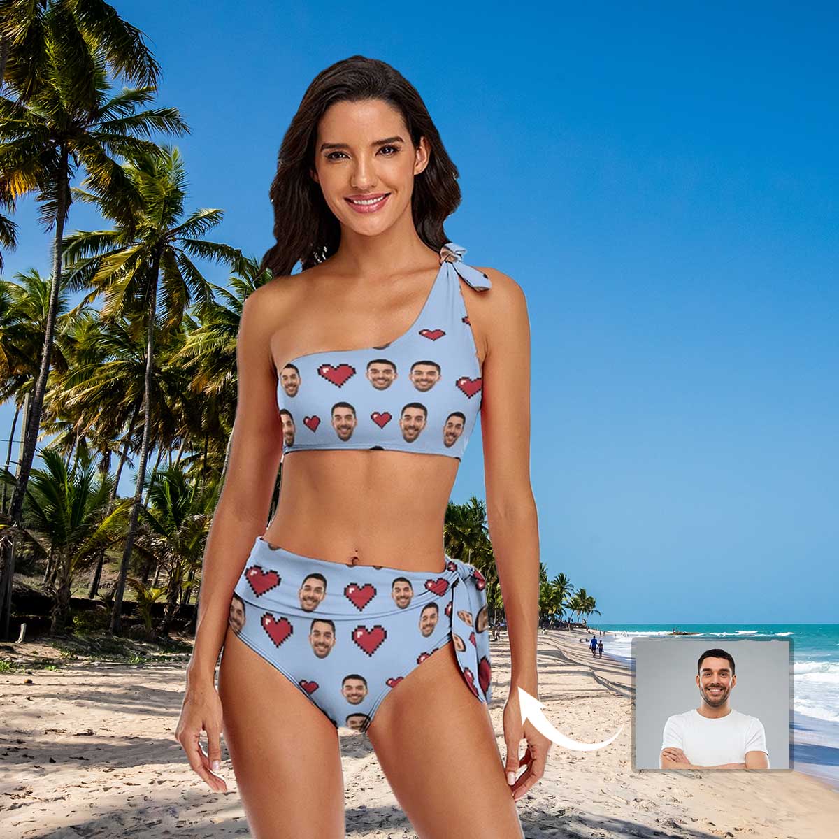Custom Custom Face Heart One Shoulder Tie Side High Waited Bikini Personalized Women's Two Piece Swimsuit Beach Outfits - YesCustom