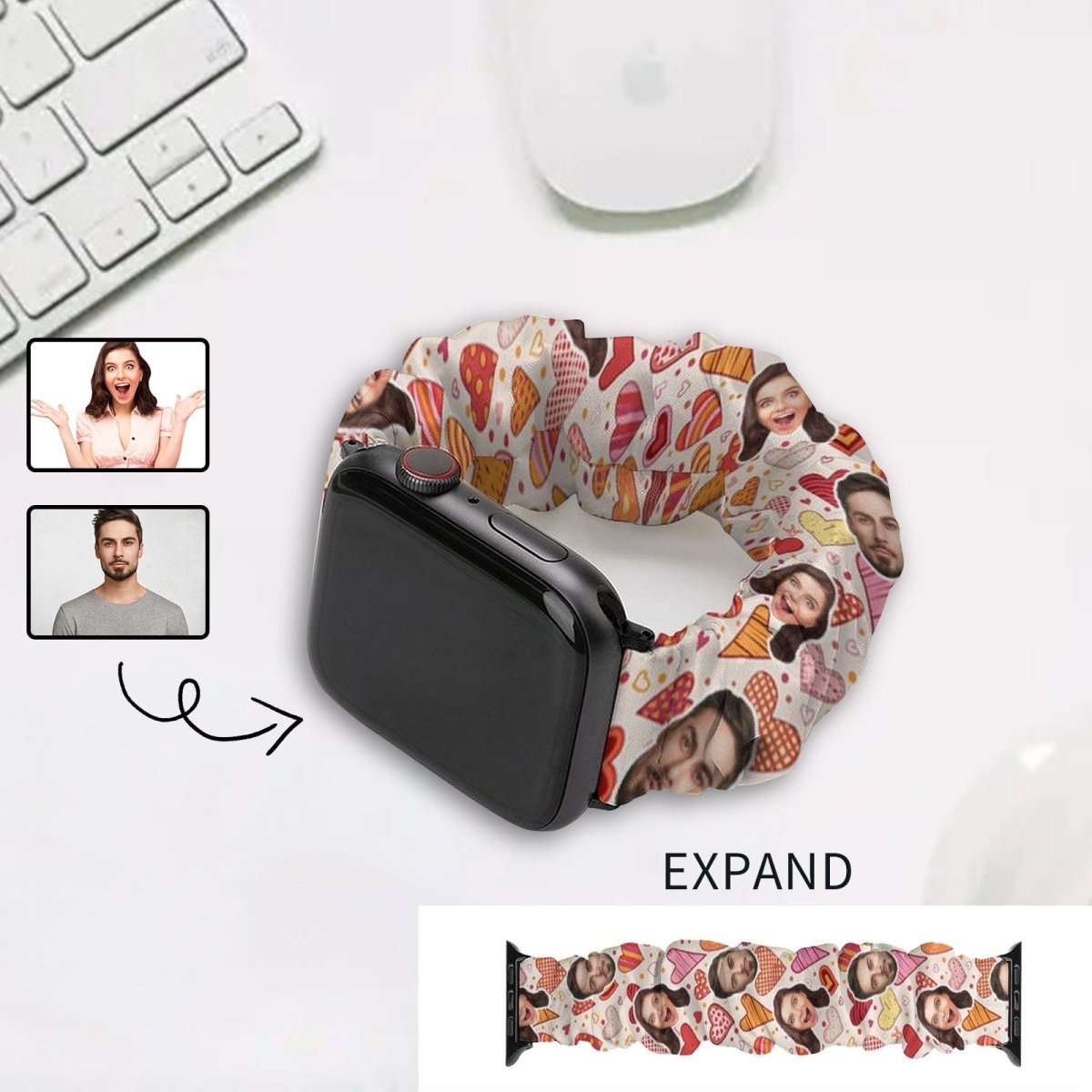 Custom Custom Face Heart Scrunchie Elastic Watch Band Compatible with Apple Watch Band Women Girls Cloth Hair Rubber Band Strap Bracelet for iwatch - YesCustom