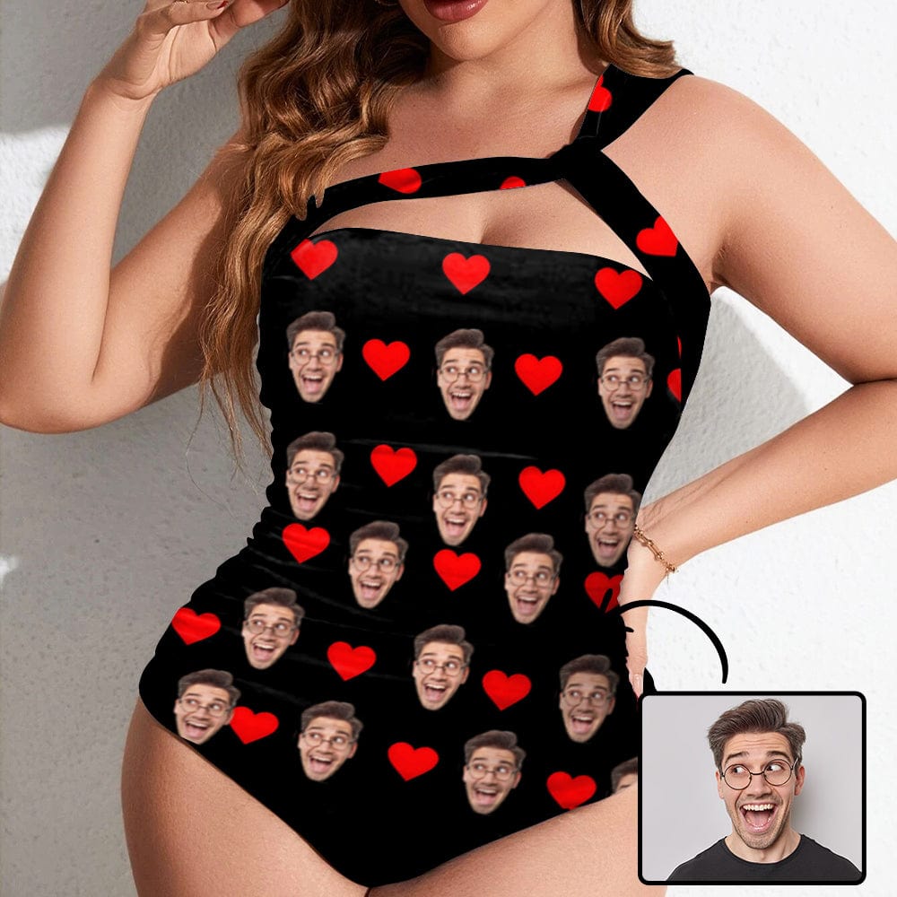 Custom Custom Face Heart Swimsuit Personalized Face Women's One Shoulder Two Piece Bathing Suit - YesCustom