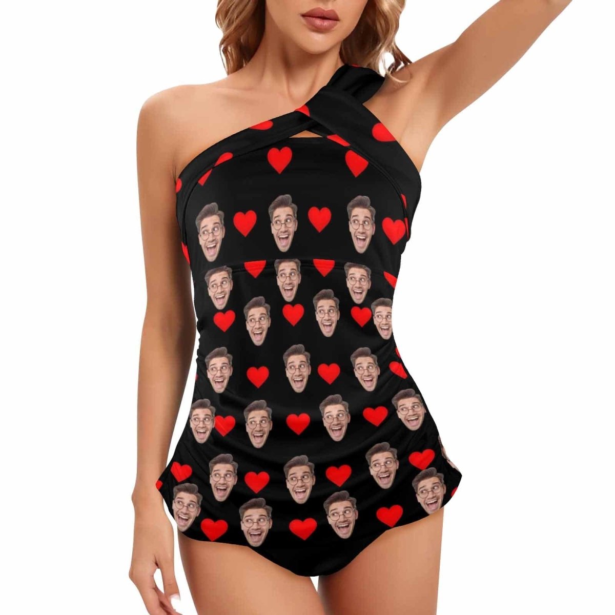 Custom Custom Face Heart Swimsuit Personalized Face Women's One Shoulder Two Piece Bathing Suit - YesCustom