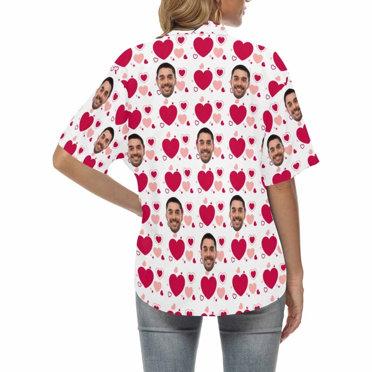 Custom Custom Face Heart Women's Hawaiian Shirts All Over Print V Neck Short Sleeve Shirt Gift for Girlfriend Wife - YesCustom