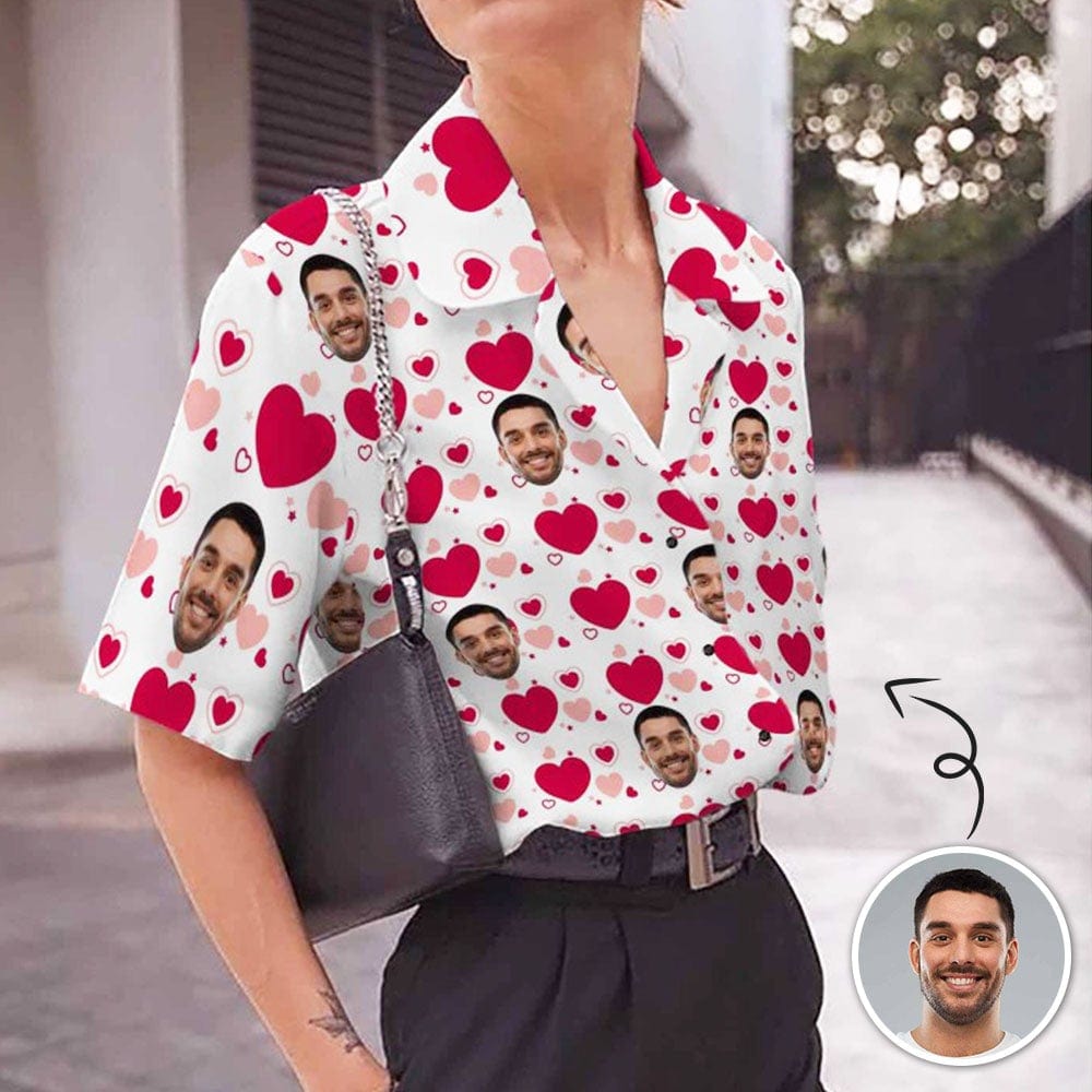 Custom Custom Face Heart Women's Hawaiian Shirts All Over Print V Neck Short Sleeve Shirt Gift for Girlfriend Wife - YesCustom