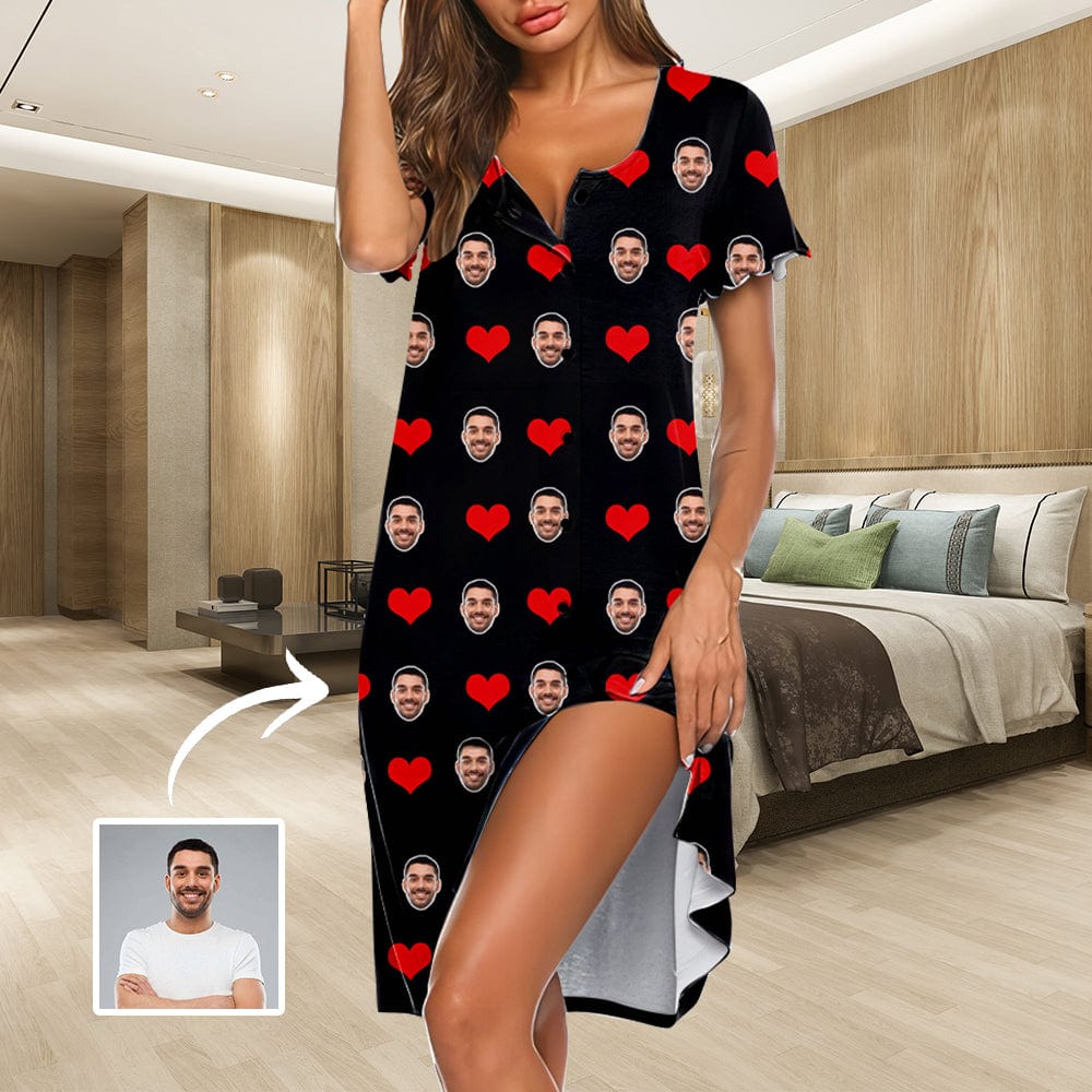 Custom Custom Face Heart Women's Nightshirt Short Sleeve Button Down Nightgown V-Neck Sleepwear Pajama Dress - YesCustom