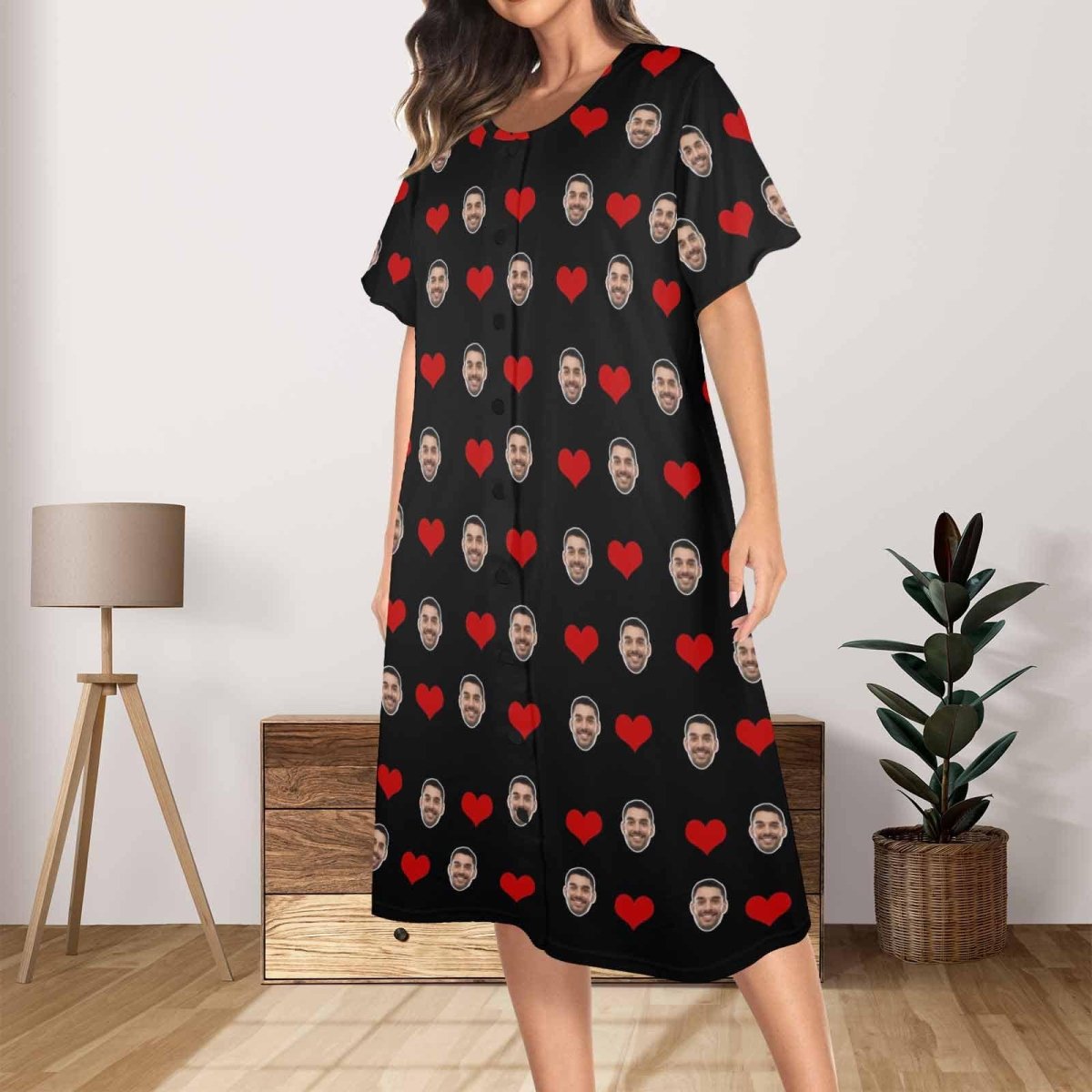 Custom Custom Face Heart Women's Nightshirt Short Sleeve Button Down Nightgown V-Neck Sleepwear Pajama Dress - YesCustom