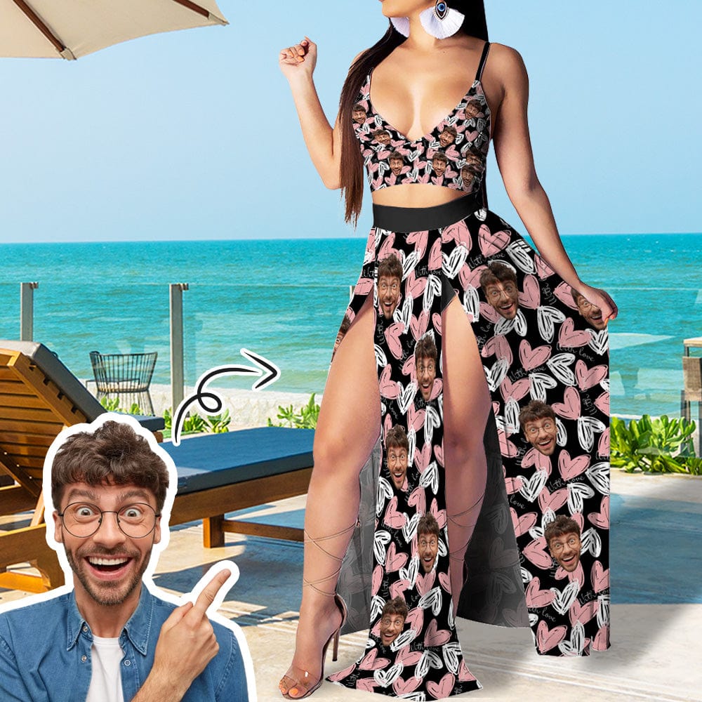 Custom Custom Face Heart Women's Sexy Strap Deep V Neck 2 Piece Outfits Dress Crop Top High Split Maxi Dresses Skirt Set - YesCustom