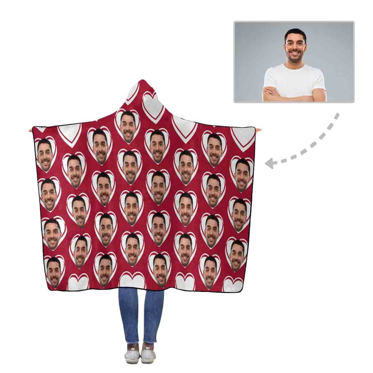 Custom Custom Face Hearts Flannel Hooded Blanket - YesCustom