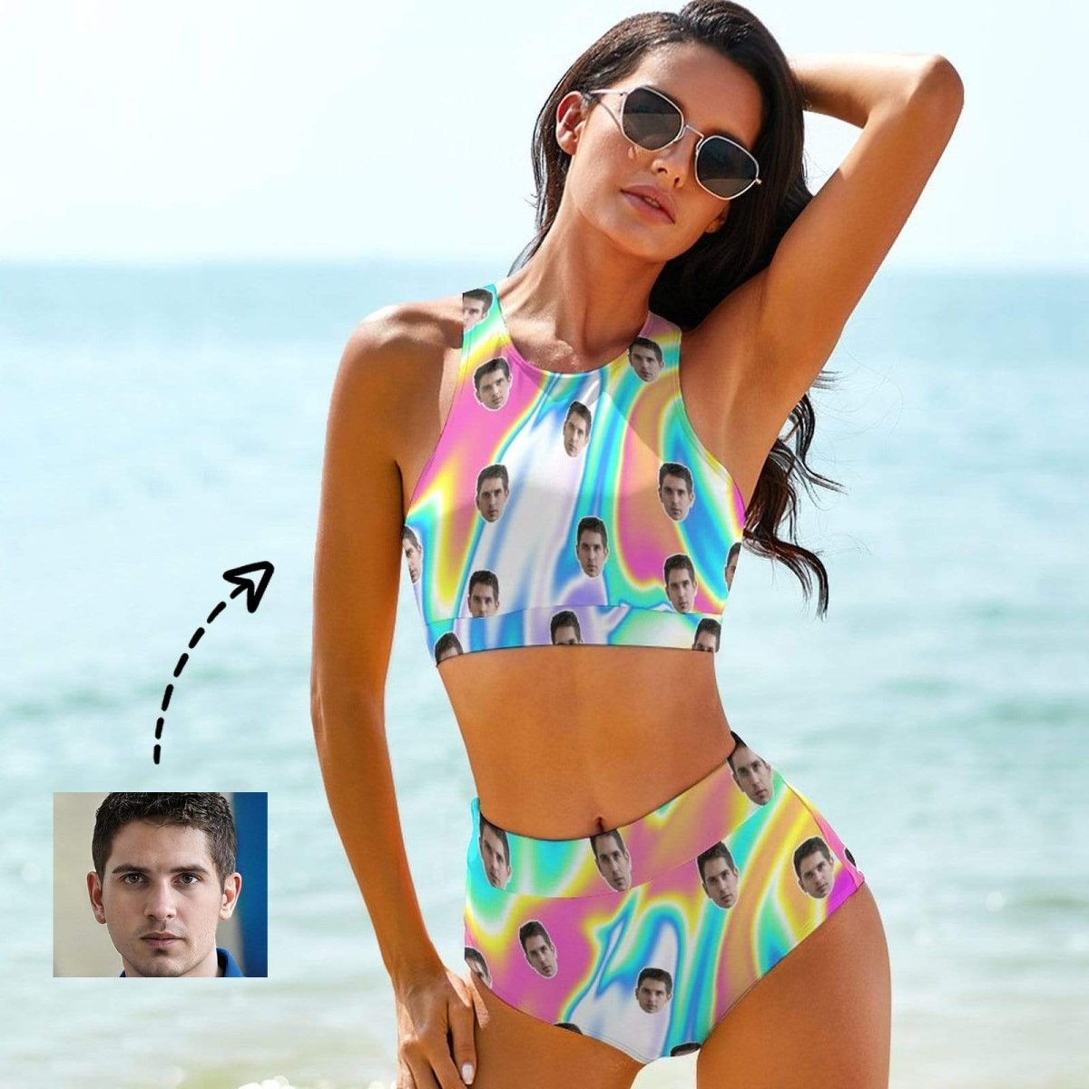 Custom Custom Face High Crew Neck High Waisted Bikini Personalized Women's Two Piece Swimsuit Beach Outfits - YesCustom