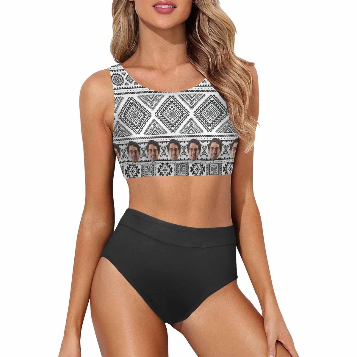 Custom Custom Face Holiday Style High Crew Neck High Waisted Bikini Personalized Women's Two Piece Swimsuit Beach Outfits - YesCustom