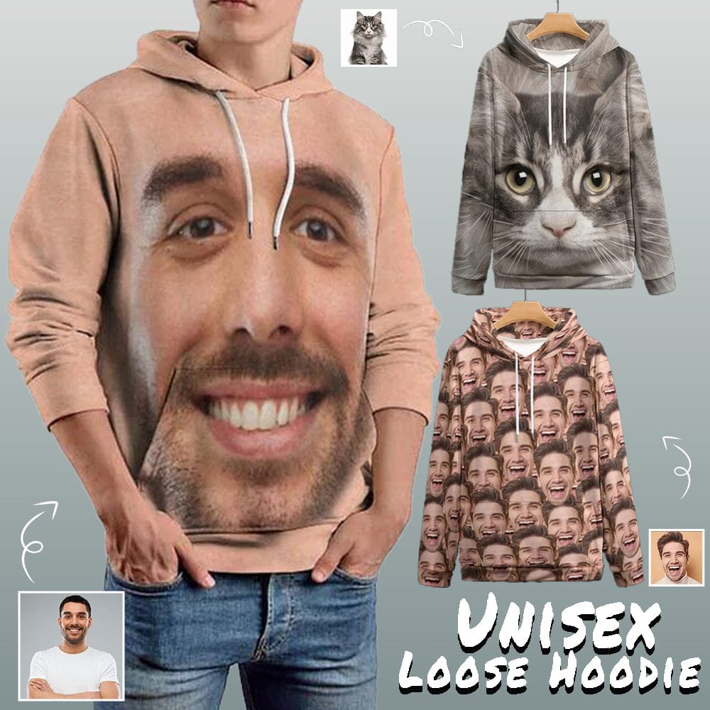 Custom Custom Face Hoodie Design Personalized Cat Seamless Big Face Unisex Loose Hoodie Custom Large Size Hooded Pullover - YesCustom