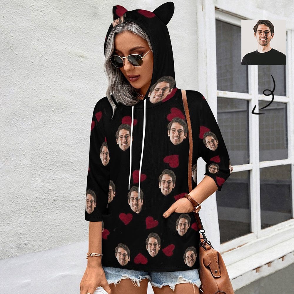 Custom Custom Face Hoodie Love Heart Three Hoodies Quarter Sleeve Cool Hoodie Designs Women's Cat Ear Hooded Pullover - YesCustom