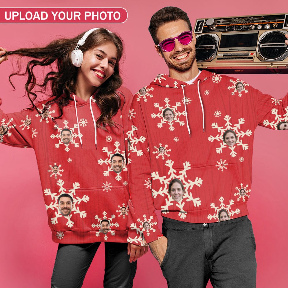 Custom Custom Face Hoodie Personalized Face Unisex Loose Cool Hoodie Designs Custom Top Outfits Snowflake Red Background Large Size Hooded Pullover - YesCustom