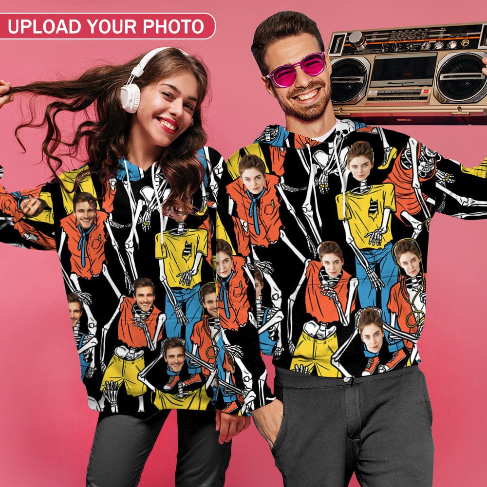 Custom Custom Face Hoodie Skeleton Unisex Large Size Design Your Own Hoodie Personalized Loose Hoodie Top Outfits - YesCustom