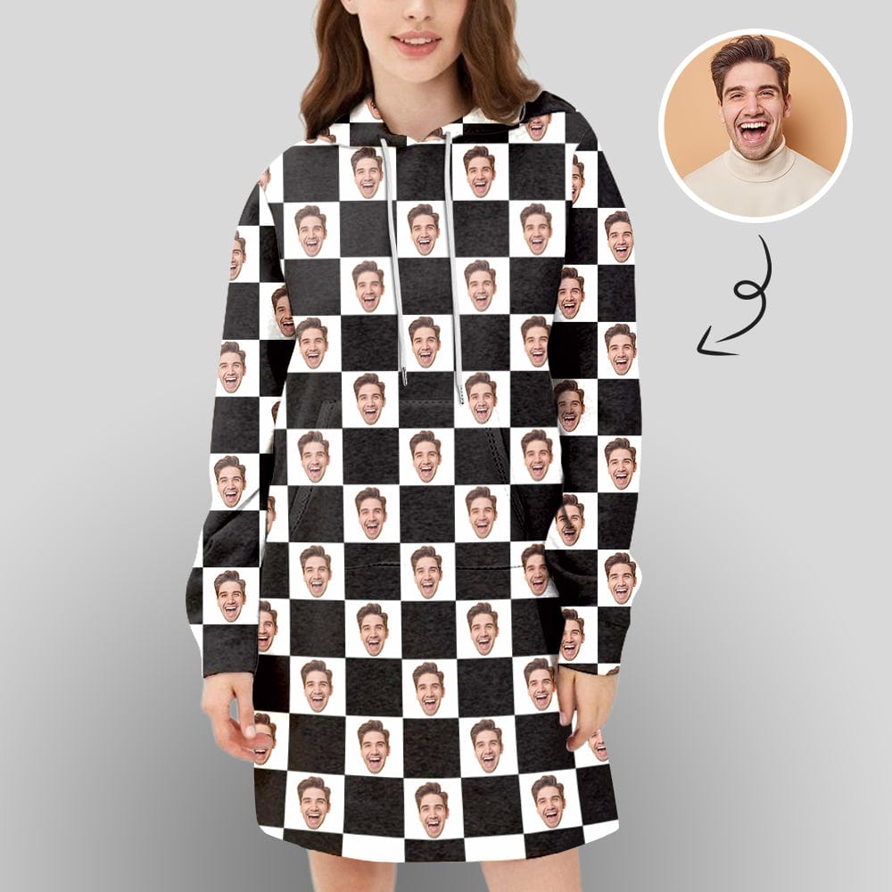 Custom Custom Face Hoodies Dress Cool Hoodie Designs Black&White Plaid Women's Long Sleeve Loose Hooded Pullover Dress with Pocket - YesCustom