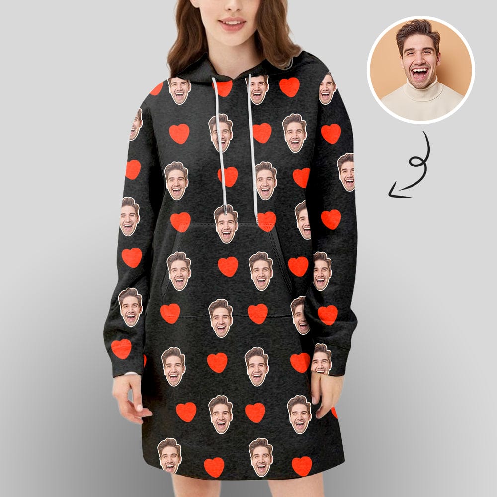 Custom Custom Face Hoodies Dress Cool Hoodie Designs Red Heart Women's Long Sleeve Loose Hooded Pullover Dress with Pocket - YesCustom