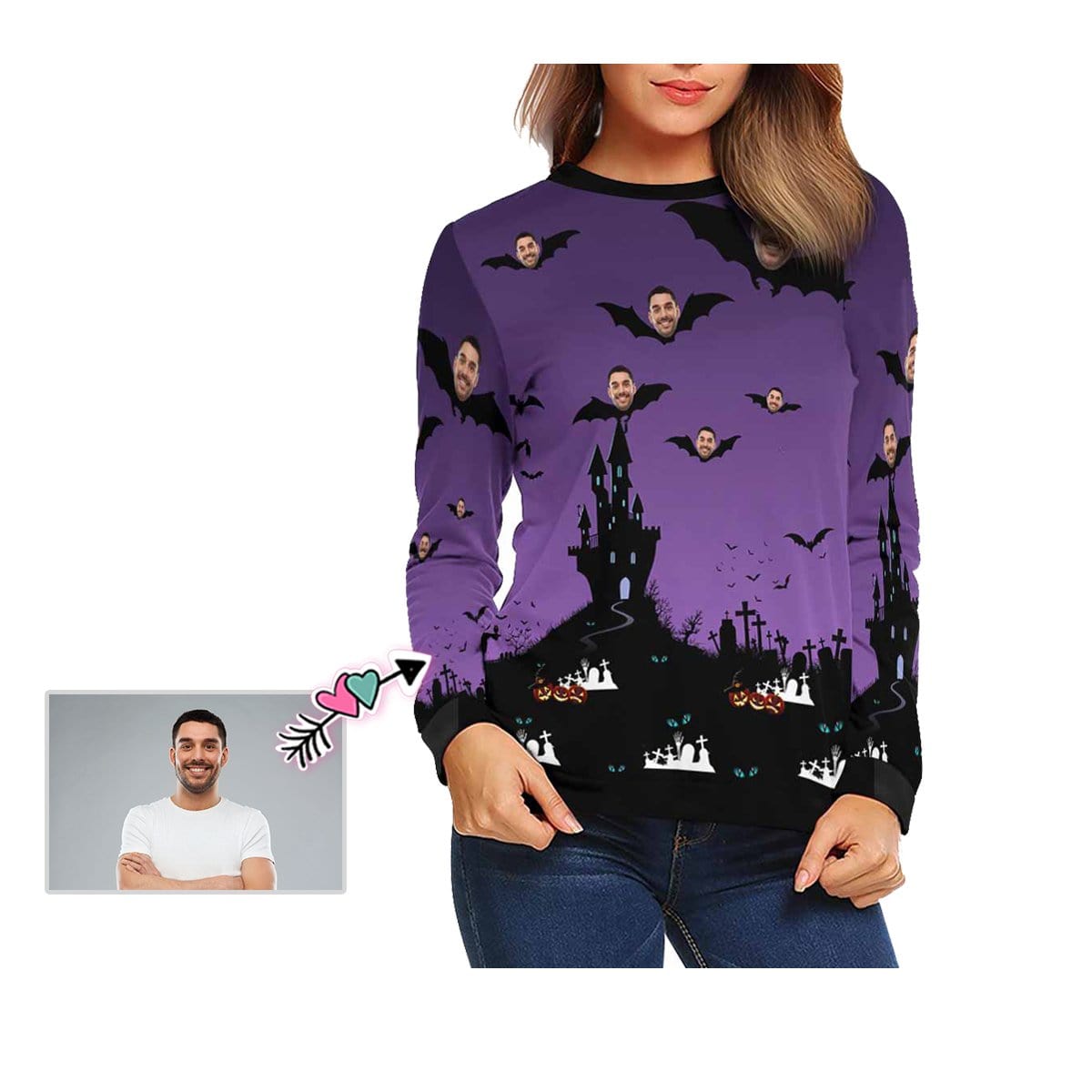 Custom Custom Face Horrific Castle Women's Casual Crew Neck Sweatshirt Personalized Long Sleeve Loose Sweatshirt For Halloween - YesCustom
