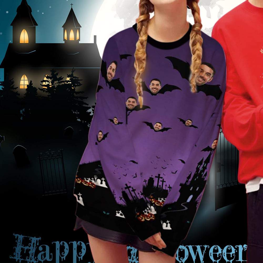 Custom Custom Face Horrific Castle Women's Casual Crew Neck Sweatshirt Personalized Long Sleeve Loose Sweatshirt For Halloween - YesCustom