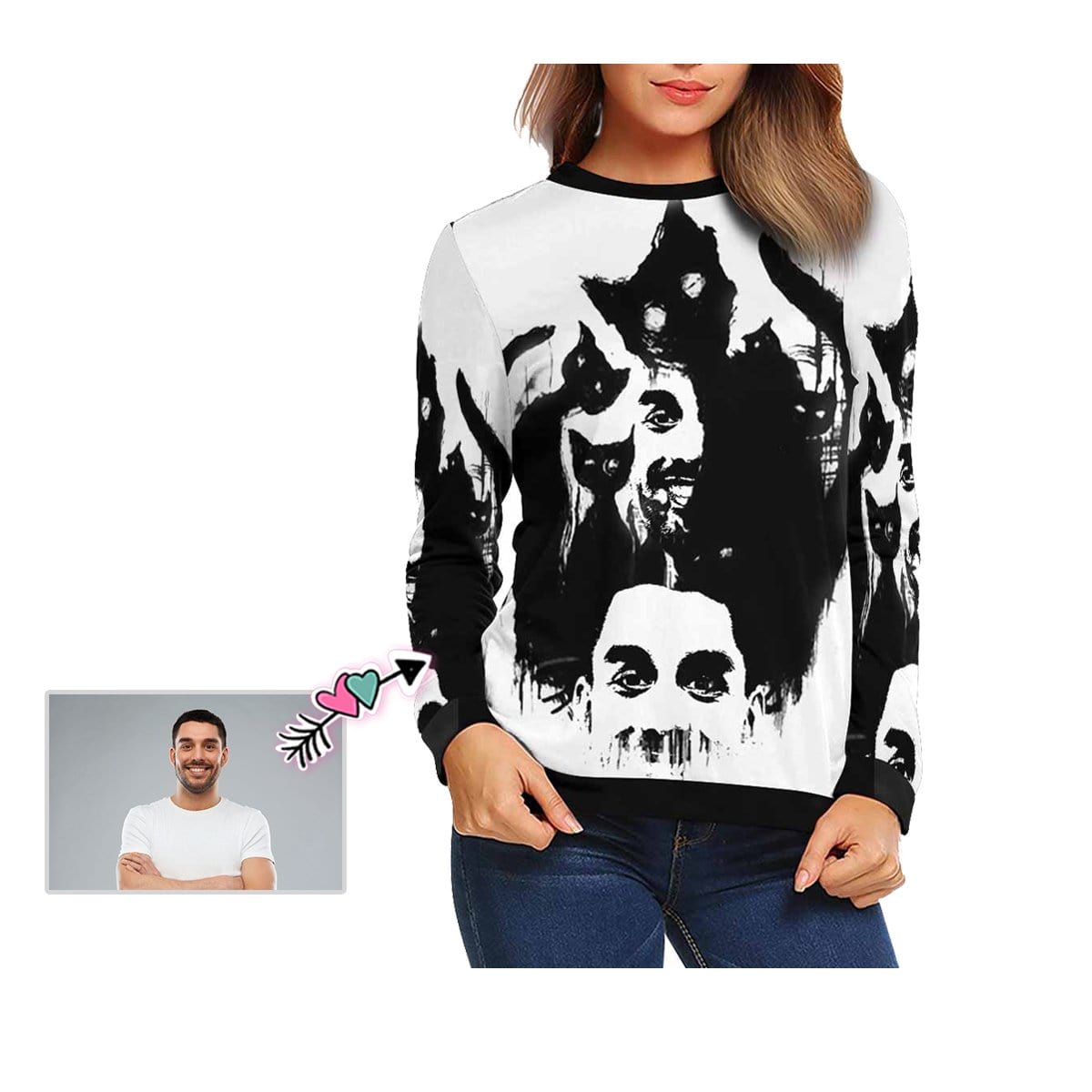 Custom Custom Face Horrific Cat Women's Casual Crew Neck Sweatshirt Personalized Long Sleeve Loose Sweatshirt For Halloween - YesCustom