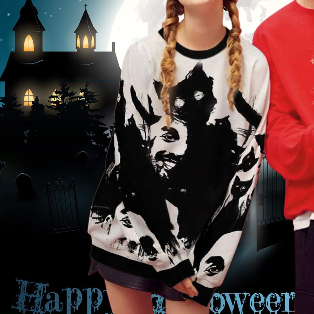 Custom Custom Face Horrific Cat Women's Casual Crew Neck Sweatshirt Personalized Long Sleeve Loose Sweatshirt For Halloween - YesCustom