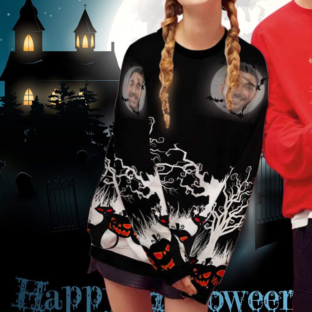 Custom Custom Face Horrific Night Women's Casual Crew Neck Sweatshirt Personalized Long Sleeve Loose Sweatshirt For Halloween - YesCustom