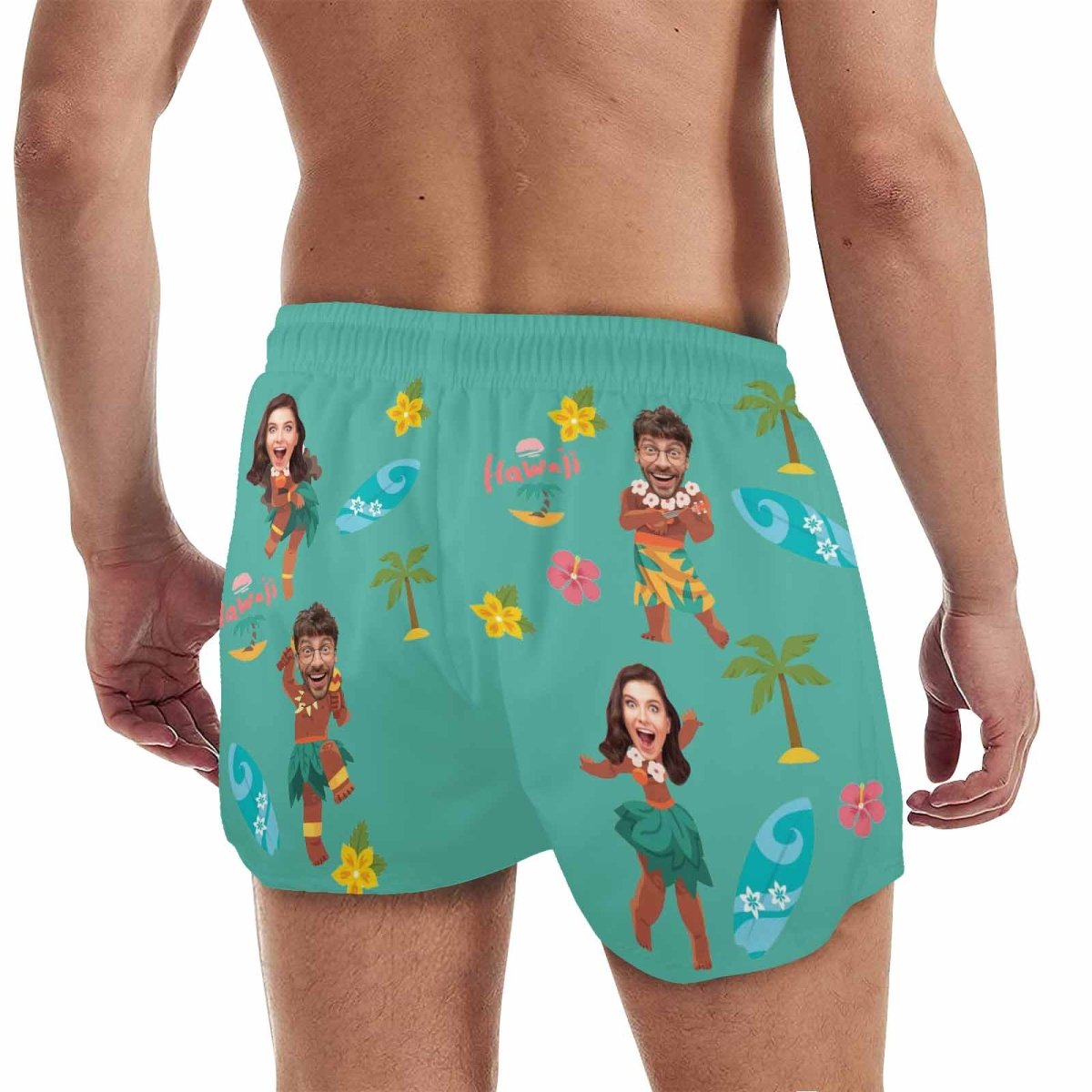 Custom Custom Face Hula Dance Green Men's Quick Dry Shorts Personalized Swim Trunks with Side Zipper Pocket Surfing Square Leg Board Shorts - YesCustom